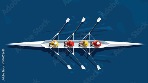 Geometric rowing team in action on blue water