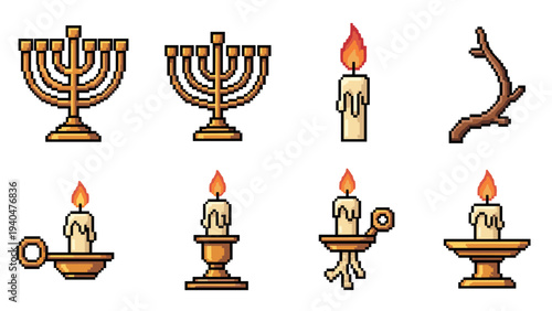 Pixel art menorah and candle collection with retro game style
