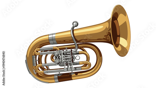 Realistic brass tuba on white background with detailed design
