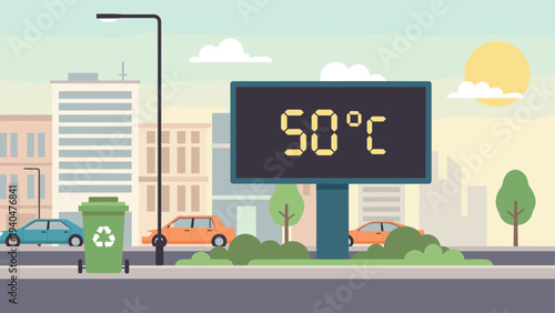 Heatwave in the city: urban scene with digital temperature display showing 50°c