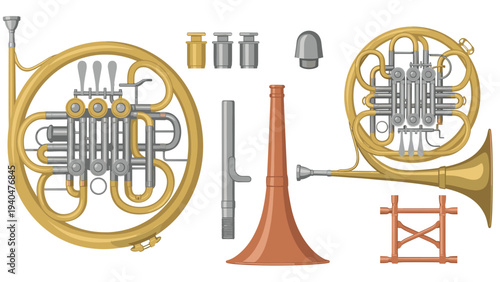 Detailed french horn diagram with disassembled parts in colorful flat style