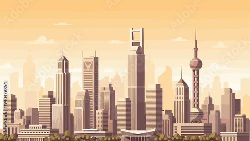 Shanghai cityscape at sunset featuring iconic skyline towers in a modern flat design