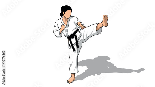 Karate practitioner performing high kick in martial arts training