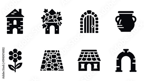 Black and white medieval icon set featuring houses, doors, jar, flower