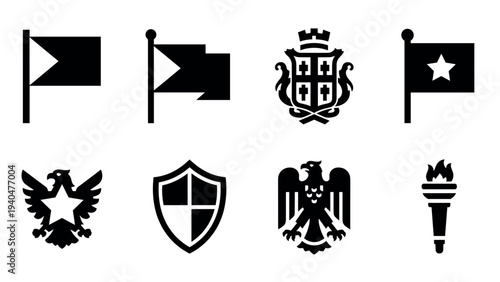 Silhouette icons of flags, crests, eagles, shields, and torch designs