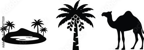 Desert Oasis Silhouette Set: Tropical Island Pond with Palms, Date Palm Tree with Fruit, and Dromedary Camel Icons