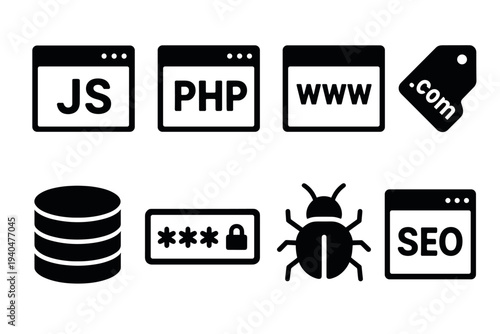 Minimalist web and seo icon set featuring technology symbols in black silhouette style