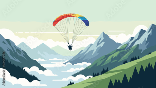 Paragliding adventure in scenic mountain landscape with vibrant parachute