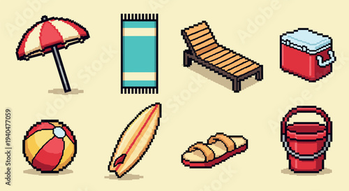 Pixel art beach essentials: umbrella, towel, chair, cooler, ball, surfboard, sandals, bucket