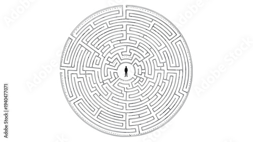 Circular maze with silhouette at center: complex labyrinth illustration in black and white