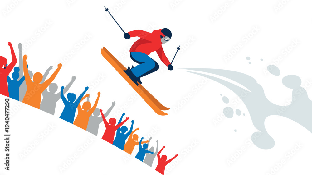 Fototapeta premium Dynamic ski jumping event with energetic crowd and splash effect in modern flat design