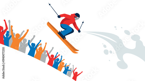Dynamic ski jumping event with energetic crowd and splash effect in modern flat design