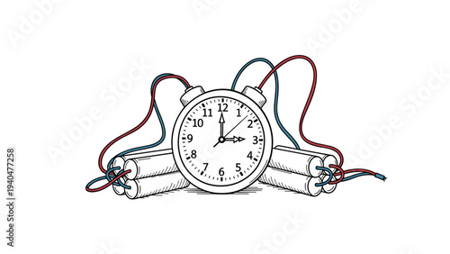 Time bomb with dynamite and wires in engraved style on white background