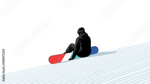 Minimalist snowboarder resting on slopes in winter scene