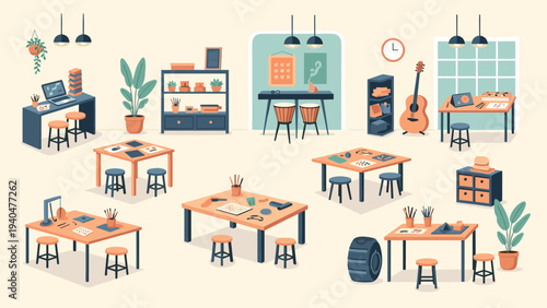 Cozy creative classroom with musical instruments and art supplies in a minimalist design