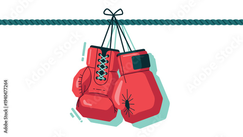 Boxing gloves hanging on rope: vibrant red sports equipment in modern flat design