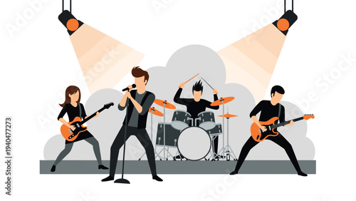 Energetic band performance with guitarists and drummer in concert setting