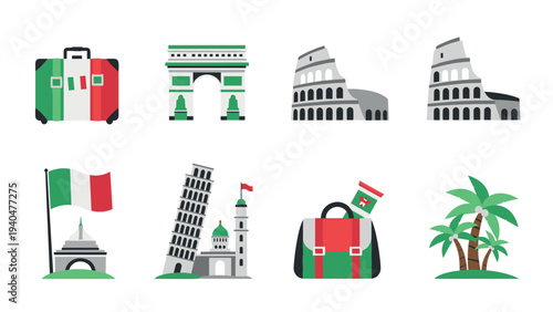 Italy travel icons: monuments and culture in flat design