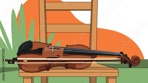 Violin on chair with abstract background in flat design