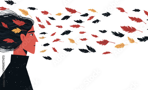Woman in Wind with Flying Autumn Leaves Concept Illustration