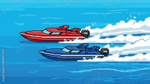 Retro pixel art powerboats racing on the ocean