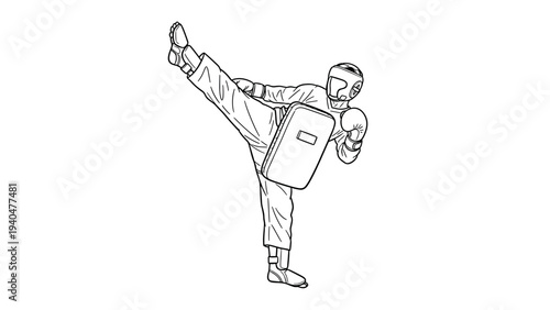 Martial artist in high kick pose with protective gear in minimalist line art style