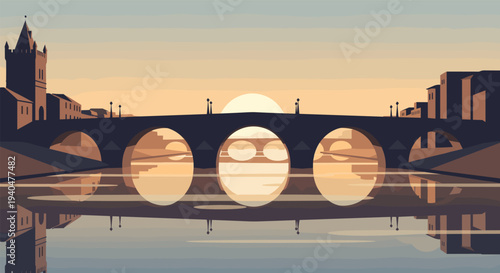 Scenic sunset over historic bridge with reflective river in minimalist style