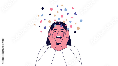 Cheerful woman surrounded by colorful geometric shapes in minimalist style