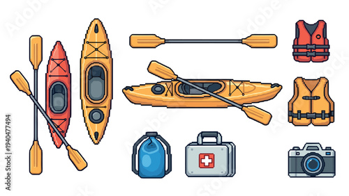 Colorful pixel art kayaking essentials and accessories on white background