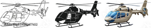 Three detailed helicopter illustrations including outline silhouette and realistic colored versions ideal for aviation transport or emergency service designs isolated on white