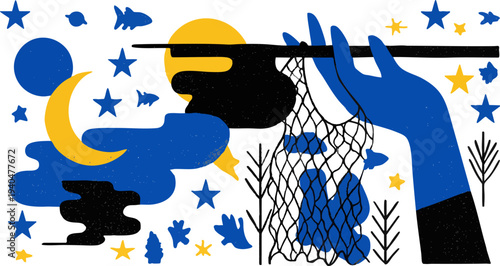 Hand Holding Net in Starry Night Sky