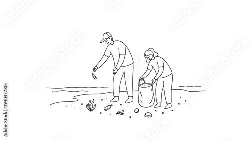 Beach cleanup: line art depiction of people collecting litter to protect the environment