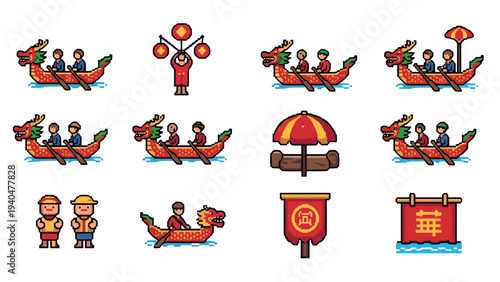 Dragon boat festival pixel art: traditional boats, lanterns, and cultural elements