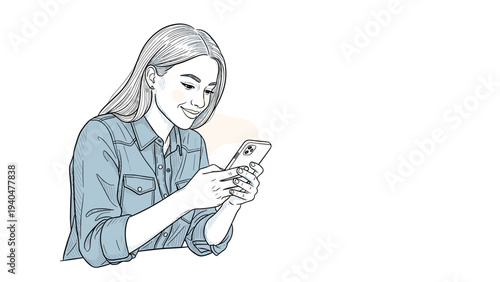 Woman using smartphone: modern technology pencil drawing in a minimalist style