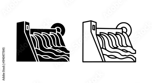 Dam icon set: solid and outline styles for water power