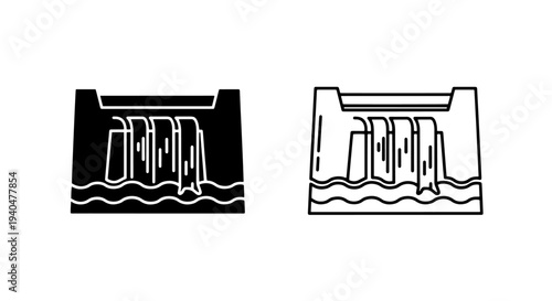 Hydroelectric dam icons: black fill and outline vector graphics