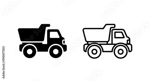 Dump truck icons: solid black and outline styles for construction
