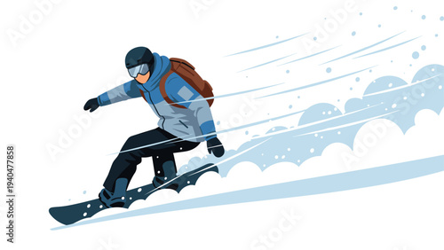Snowboarder carving through fresh powder in dynamic flat design