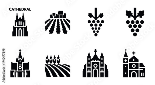 Black and white icons of churches and vineyards with grape symbols