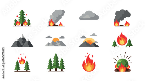 Wildfire and nature elements: flat design icons for climate awareness