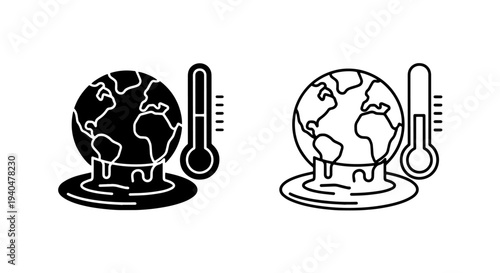 Global warming icon: melting earth with thermometer, solid and outline