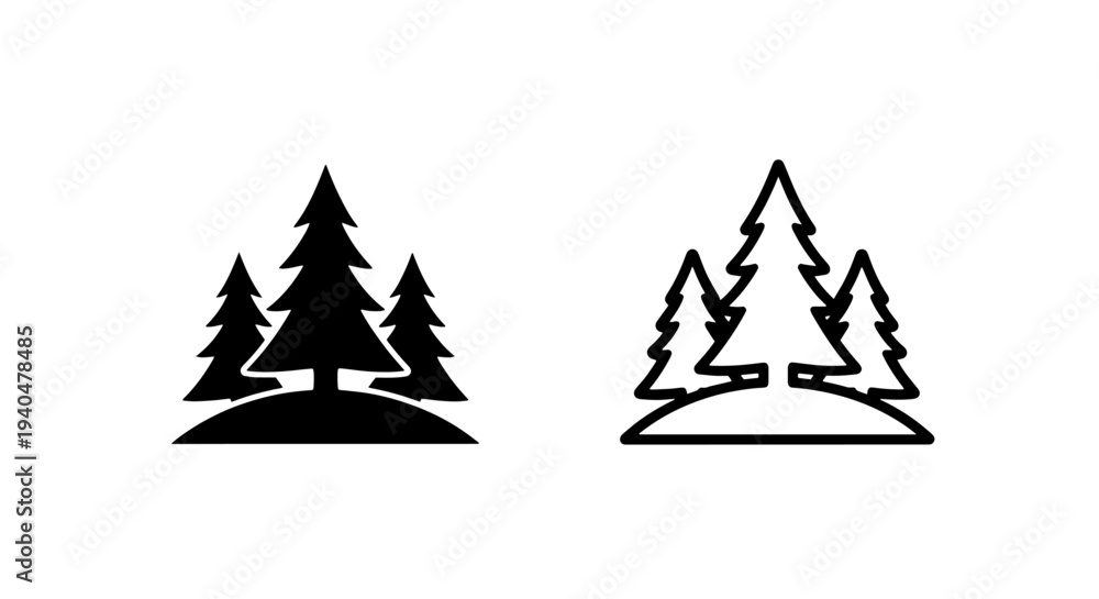 Obraz premium Group of fir trees icon on hill, simple vector silhouette