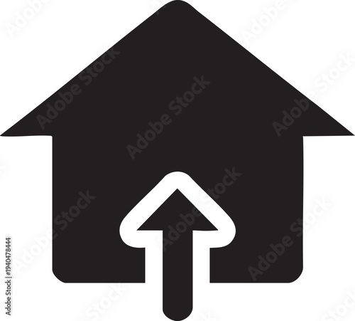 Black house icon with upward arrow inside, vector graphic on transparent background