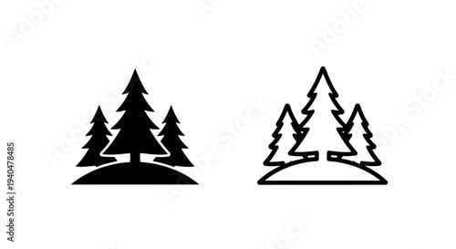 Group of fir trees icon on hill, simple vector silhouette