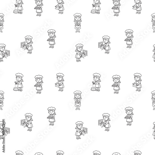 seamless repeat of boys baking cupcakes cakes and wearing chef hats with baking tools in friendly line illustrations