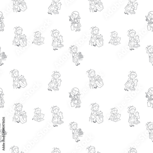 seamless pattern of girls sewing with needles threads buttons and sewing machines in charming sketch repeat