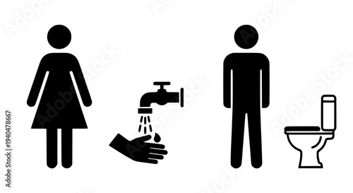 Bathroom icons set with gender symbols, handwashing, and toilet featuring hygiene, cleanliness, restroom with public