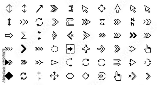 Arrows set with various black line styles and cursor icons featuring arrowheads, directional indicators, navigation