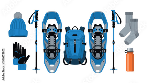 Flat design winter hiking gear: snowshoes, poles, backpack, and accessories