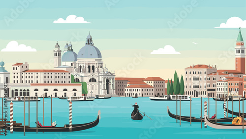Charming venice canal scene with gondolas and historic architecture in flat design